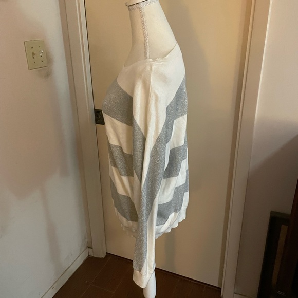 Liz Claiborne white silver striped Knit sweater Pull on size LG cotton metallic - Picture 9 of 13